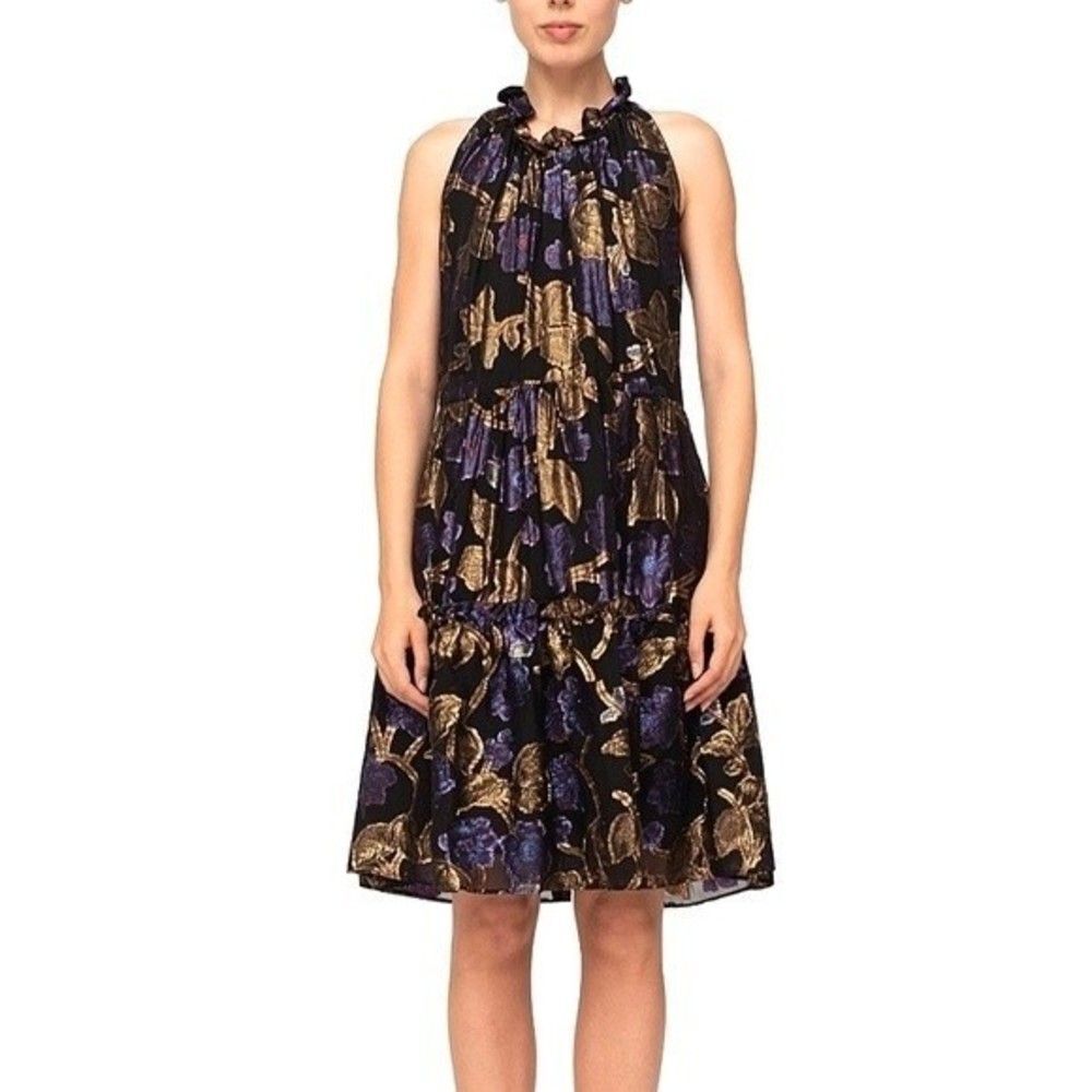 Sea Leandra Halter Metallic Knee Length Silk Sleeveless Floral Cocktail Dress XS